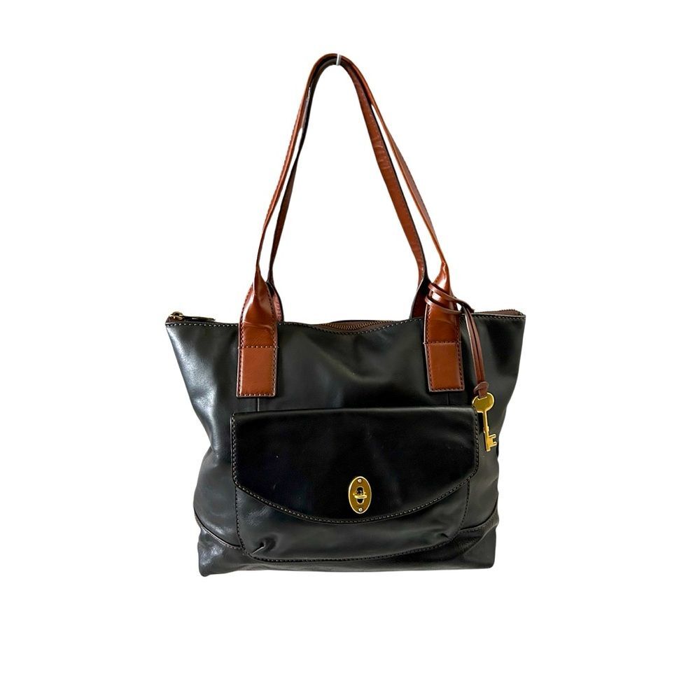 Fossil Black Tote with Brown Handles and Gold Hardware